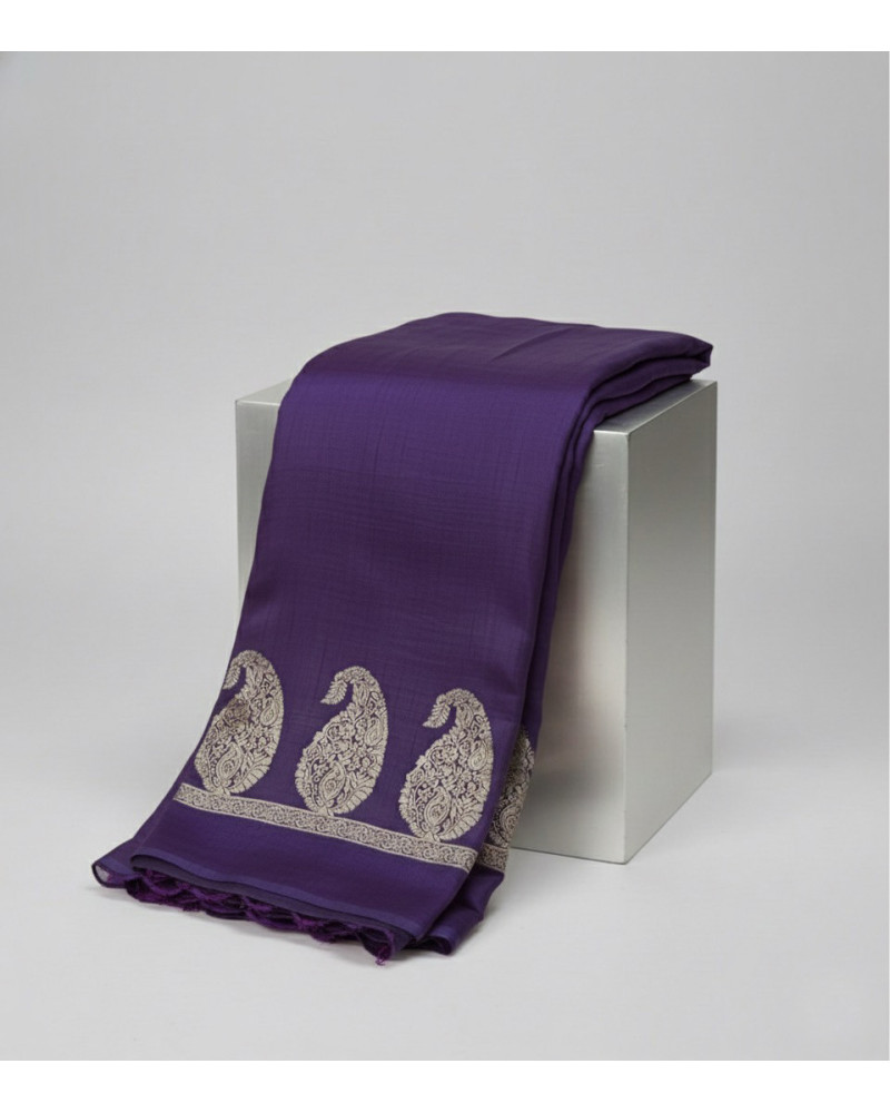 Deep Purple Semi Tussar Saree  Silver Zari Paisley Saree  Purple Wedding Wear Saree  Heritage Semi Tussar Silk  Kalka Motif Desi