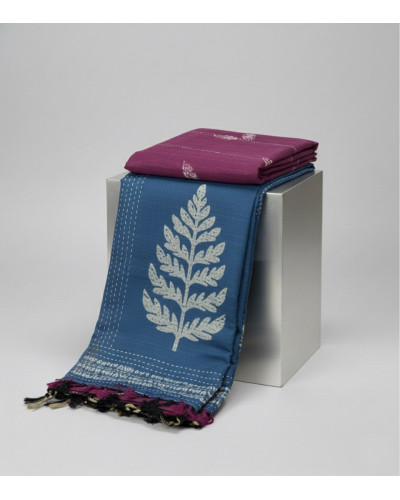 Teal Blue Cotton Blend Saree  Office Wear Saree for Women  Modern Botanical Print Saree  Kantha Stitch Detail Saree  Lightweight